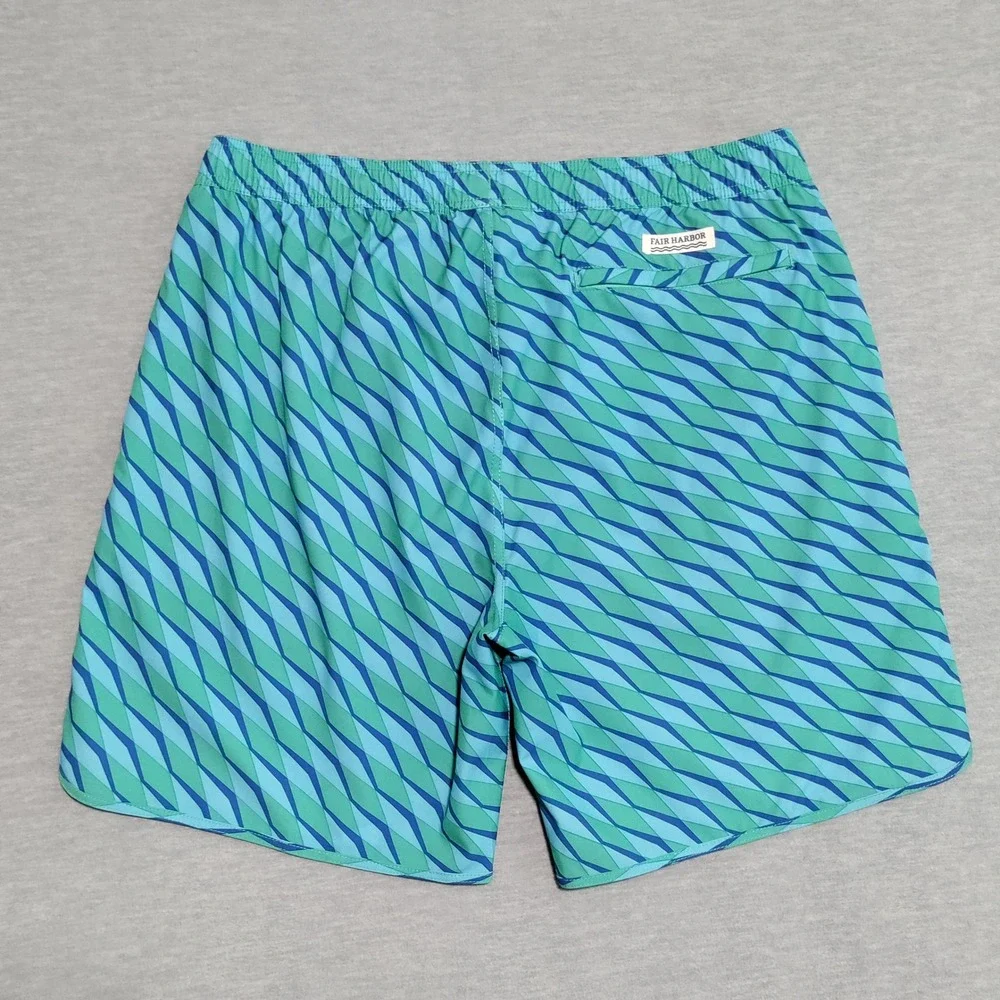 Fair Harbor Swim Trunks Mens XXL Geometric‎ Drawstring Lined Blue/Green